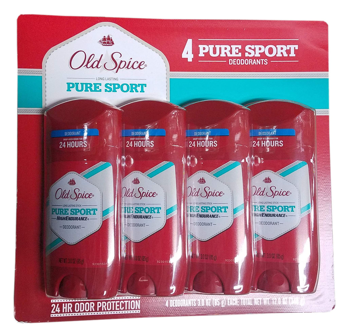 Old Spice High Endurance Pure Sport stick close-up showing smooth glide and long-lasting protection.