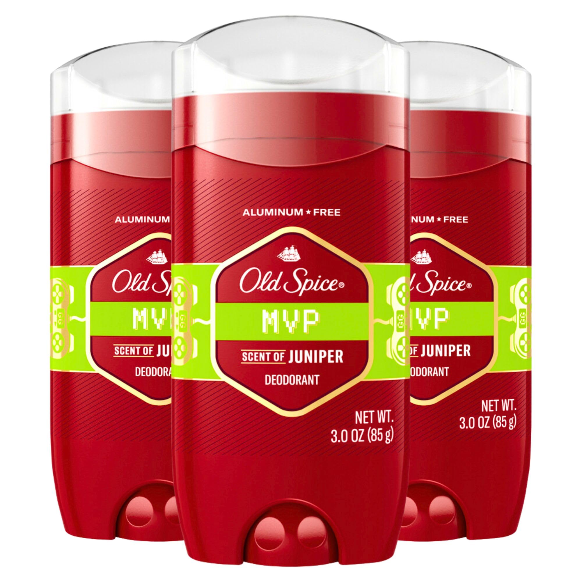 Old Spice MVP aluminum-free deodorant three-ounce pack for all-day odor protection.