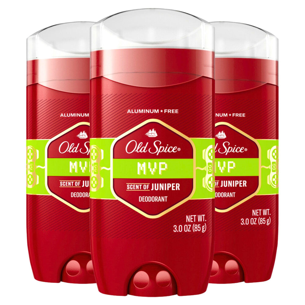 Old Spice MVP aluminum-free deodorant three-ounce pack for all-day odor protection.