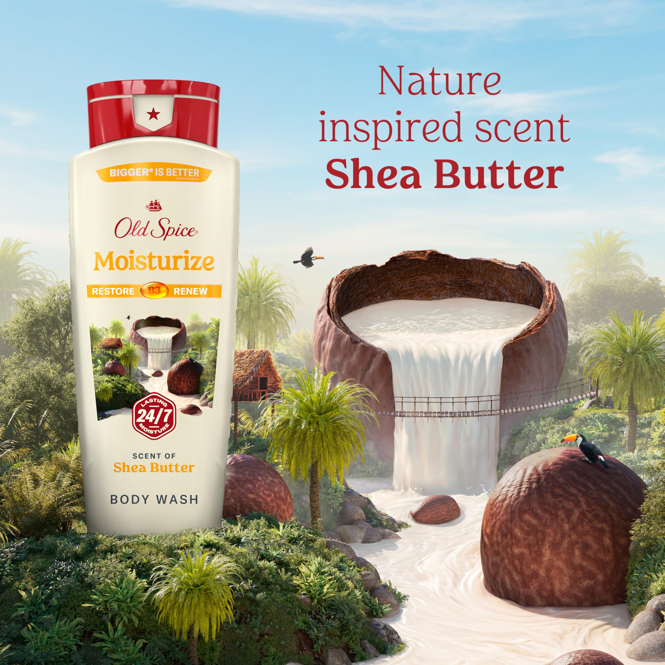 Old Spice morning-shower scene with steam and fresh scent ambiance.