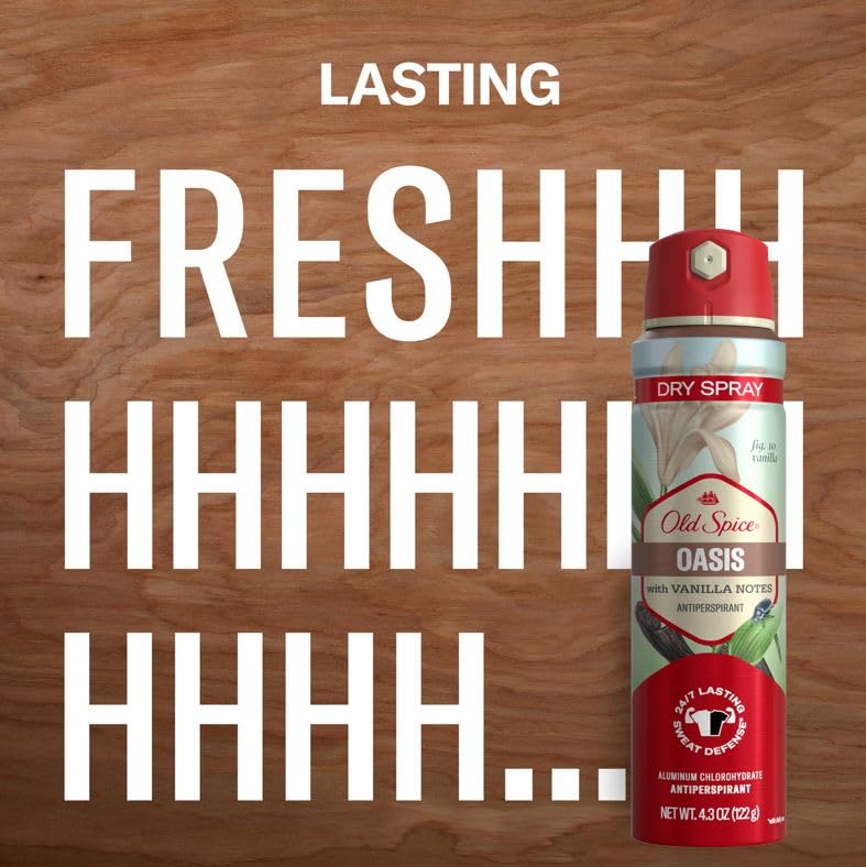 Old Spice Oasis Vanilla Argan Oil label close-up highlights skin conditioning.