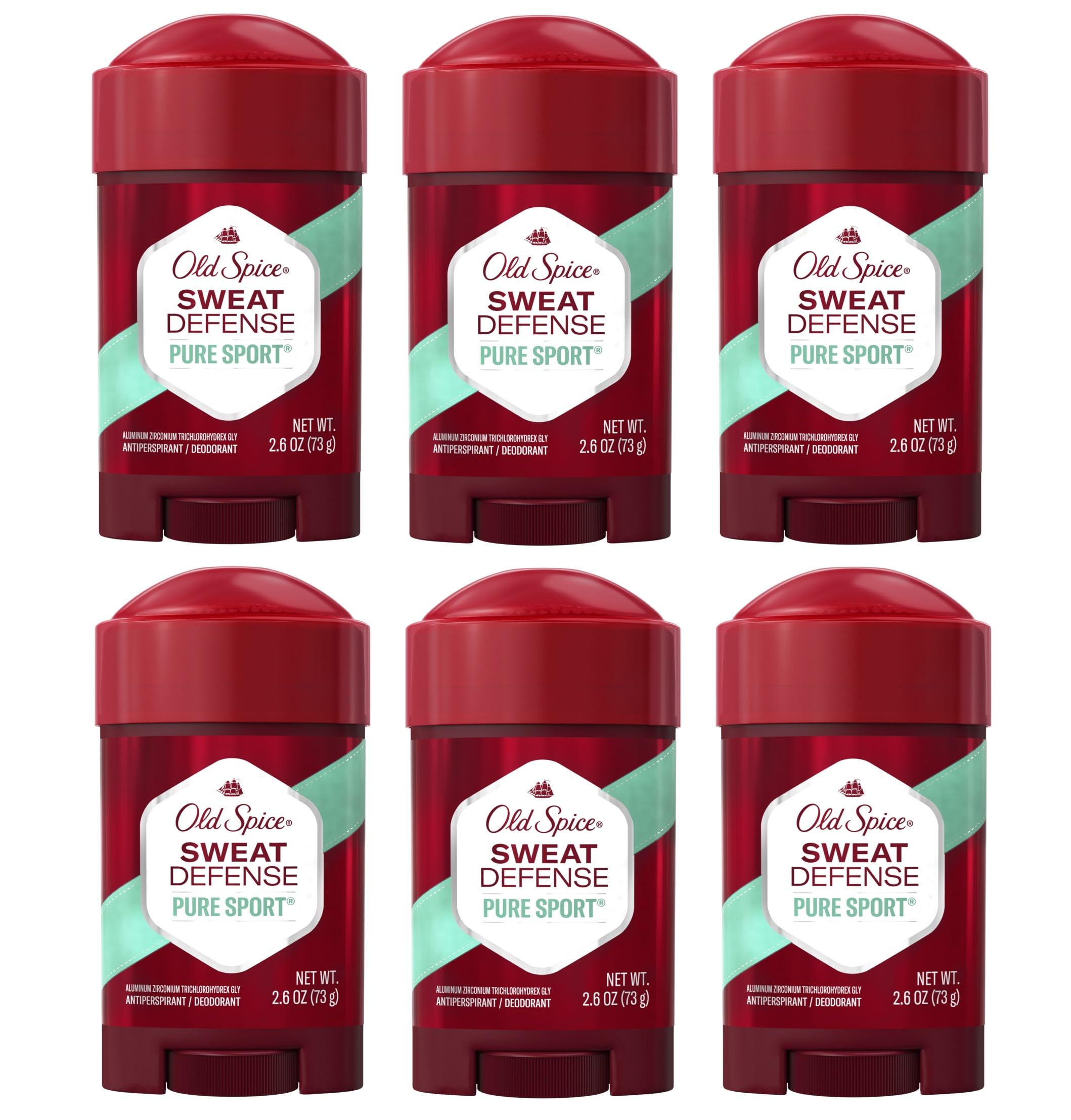 Old Spice Pure Sport Soft Solid 6-pack front view for all-day sweat protection.