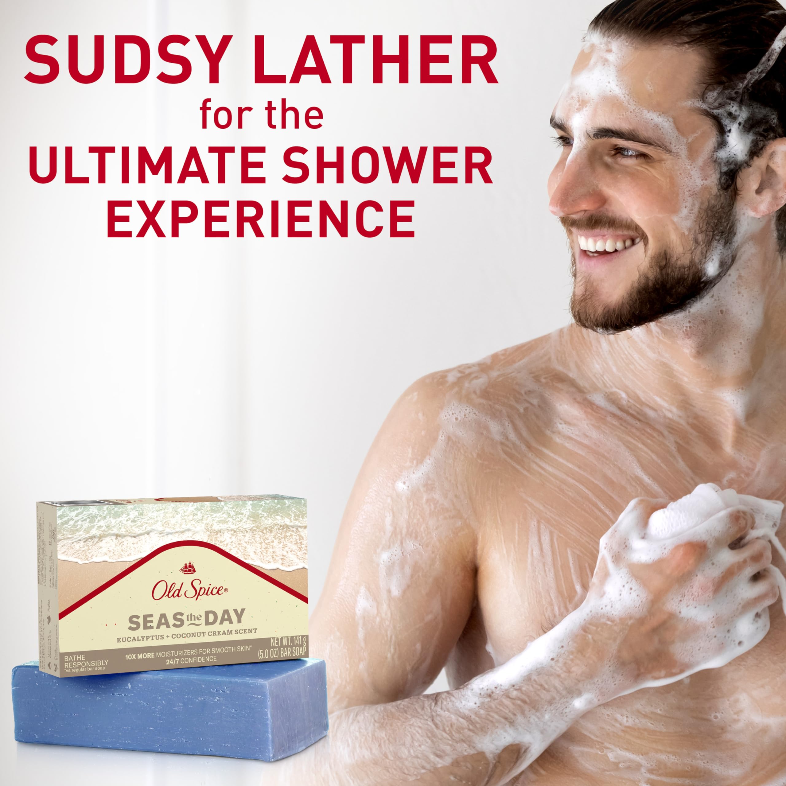 Old Spice Seas the Day bar soap plant-based cleanser highlights gentle, responsible cleansing.