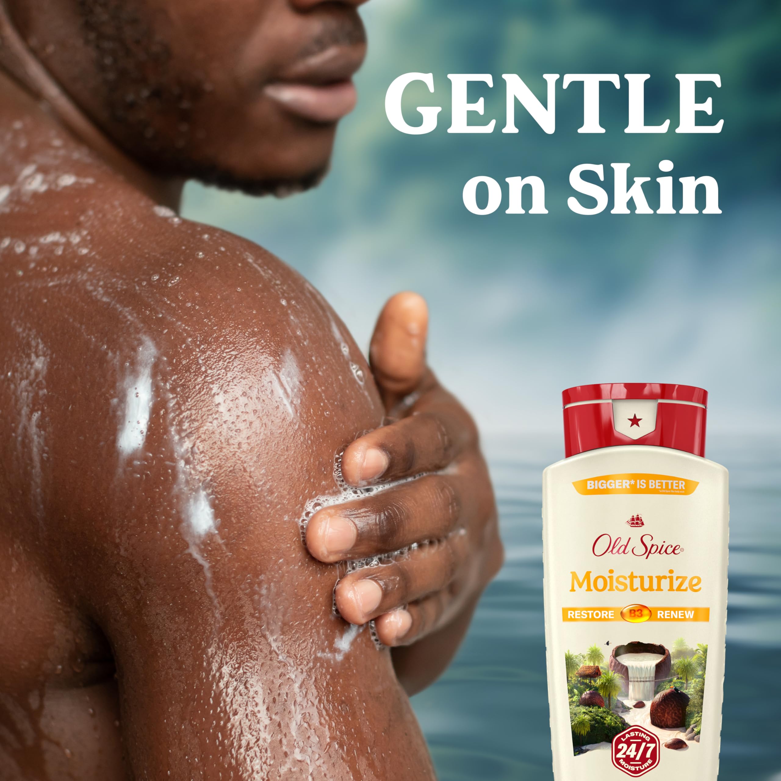 Old Spice Shea Butter hydration on bottle close-up for smoother skin.