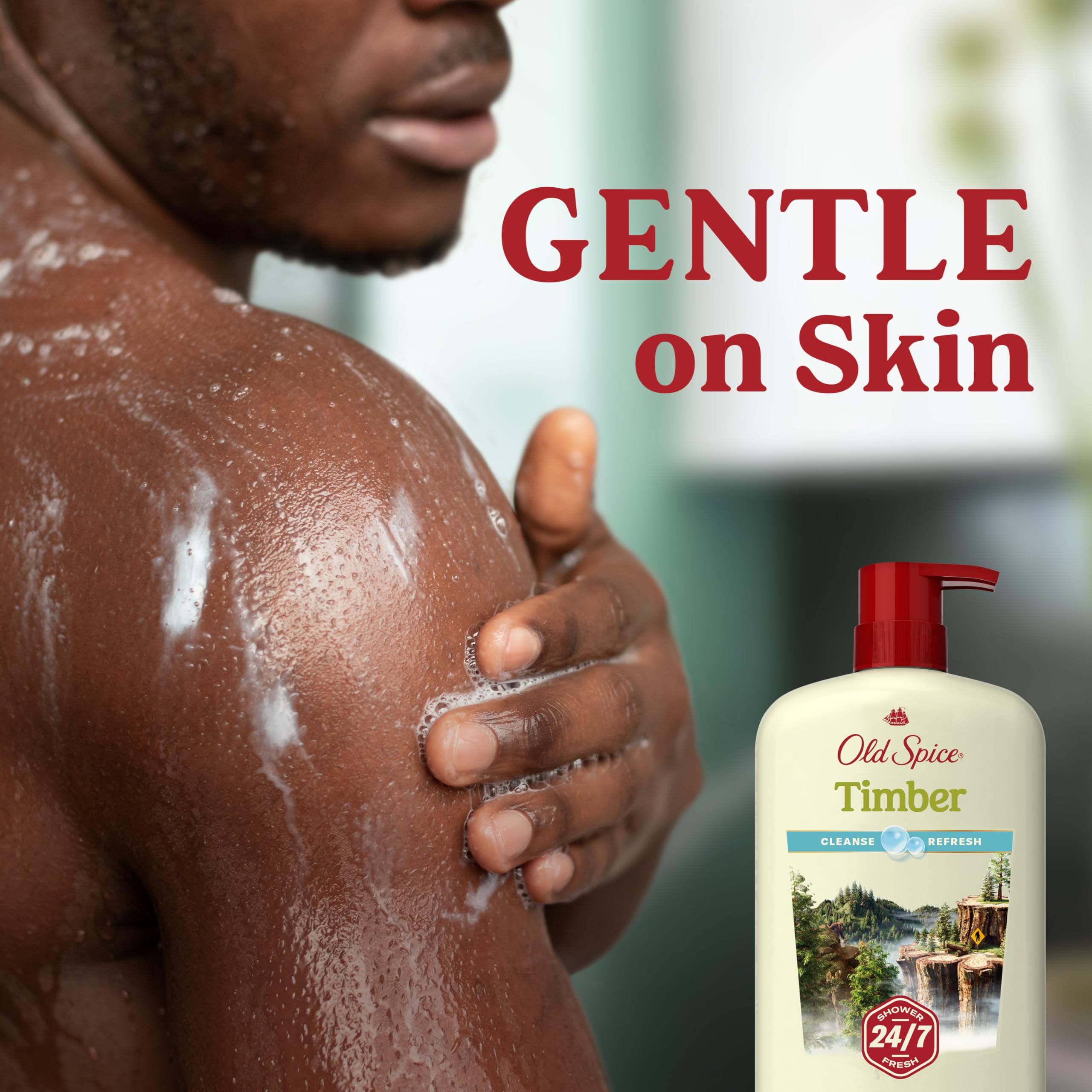 Old Spice shower scene bottle conveys everyday grooming confidence during morning routines