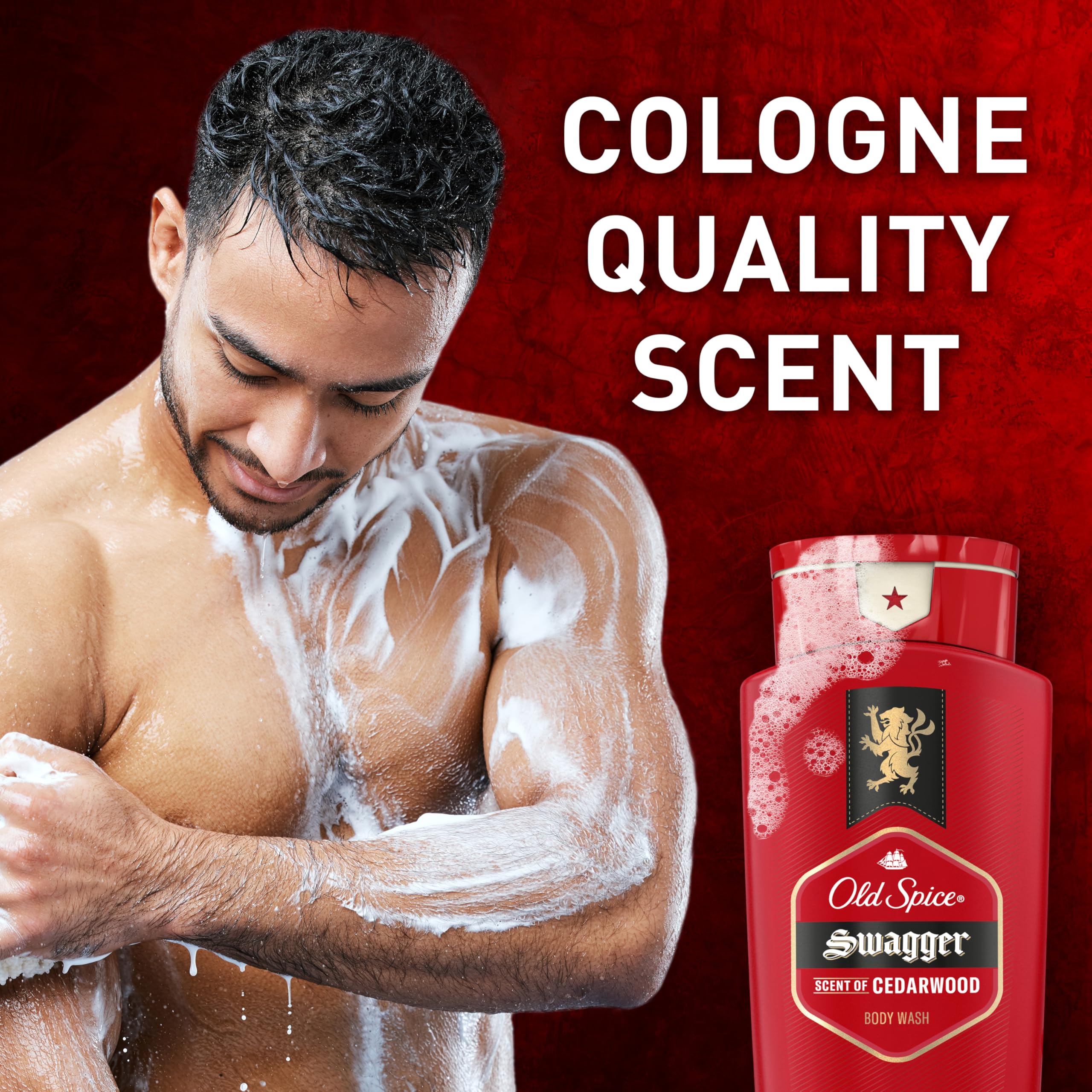 Old Spice Swagger Cedarwood scent bottle closeup emphasizes masculine aroma and cedar notes
