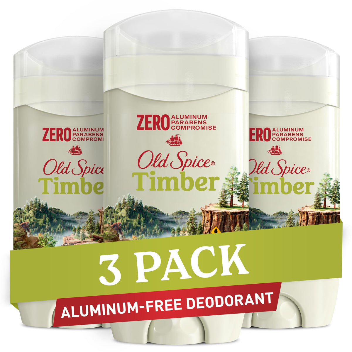 Old Spice Timber deodorant 3-pack box-front shows value and packaging for travel