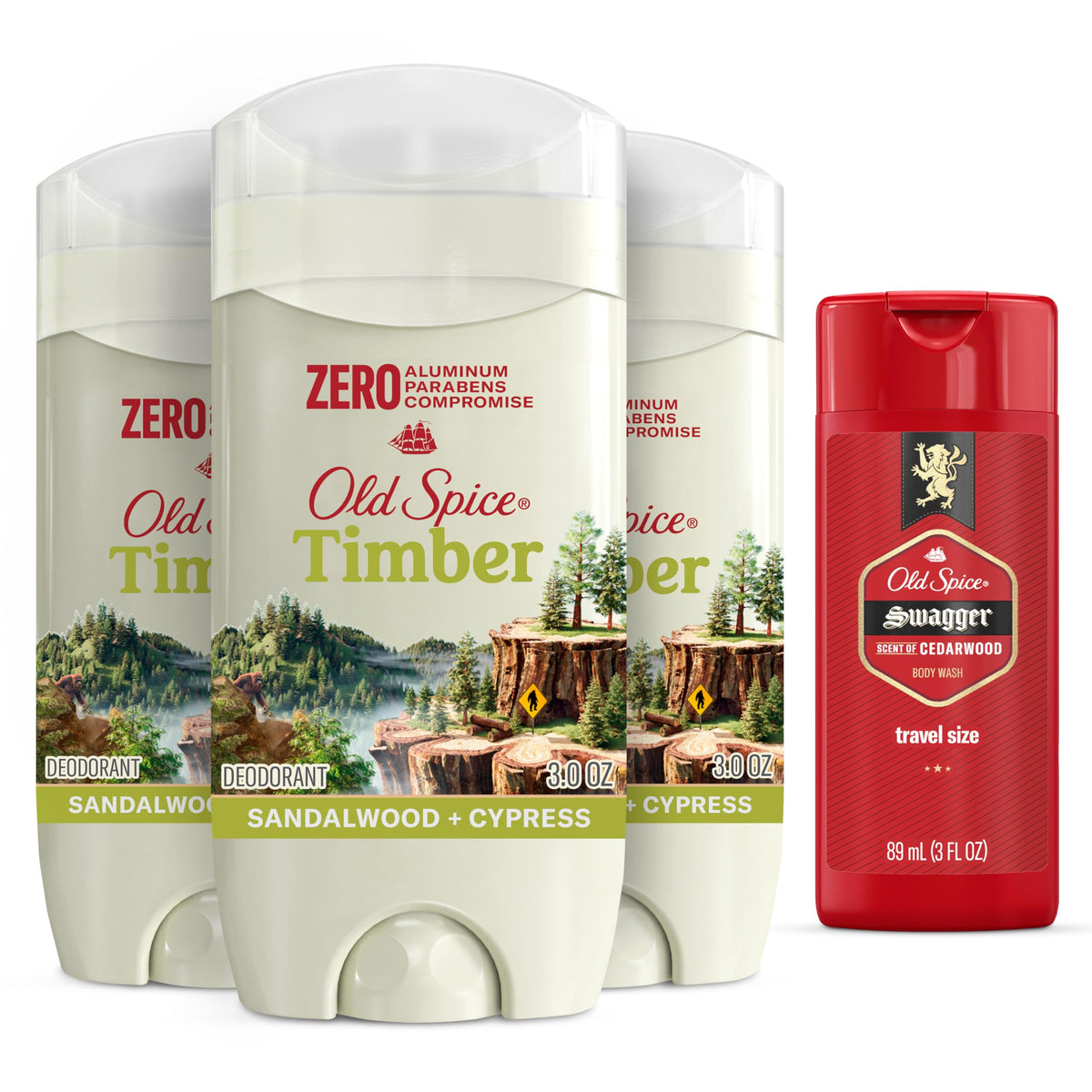 Old Spice Timber deodorant sticks 3-pack offering aluminum-free protection.