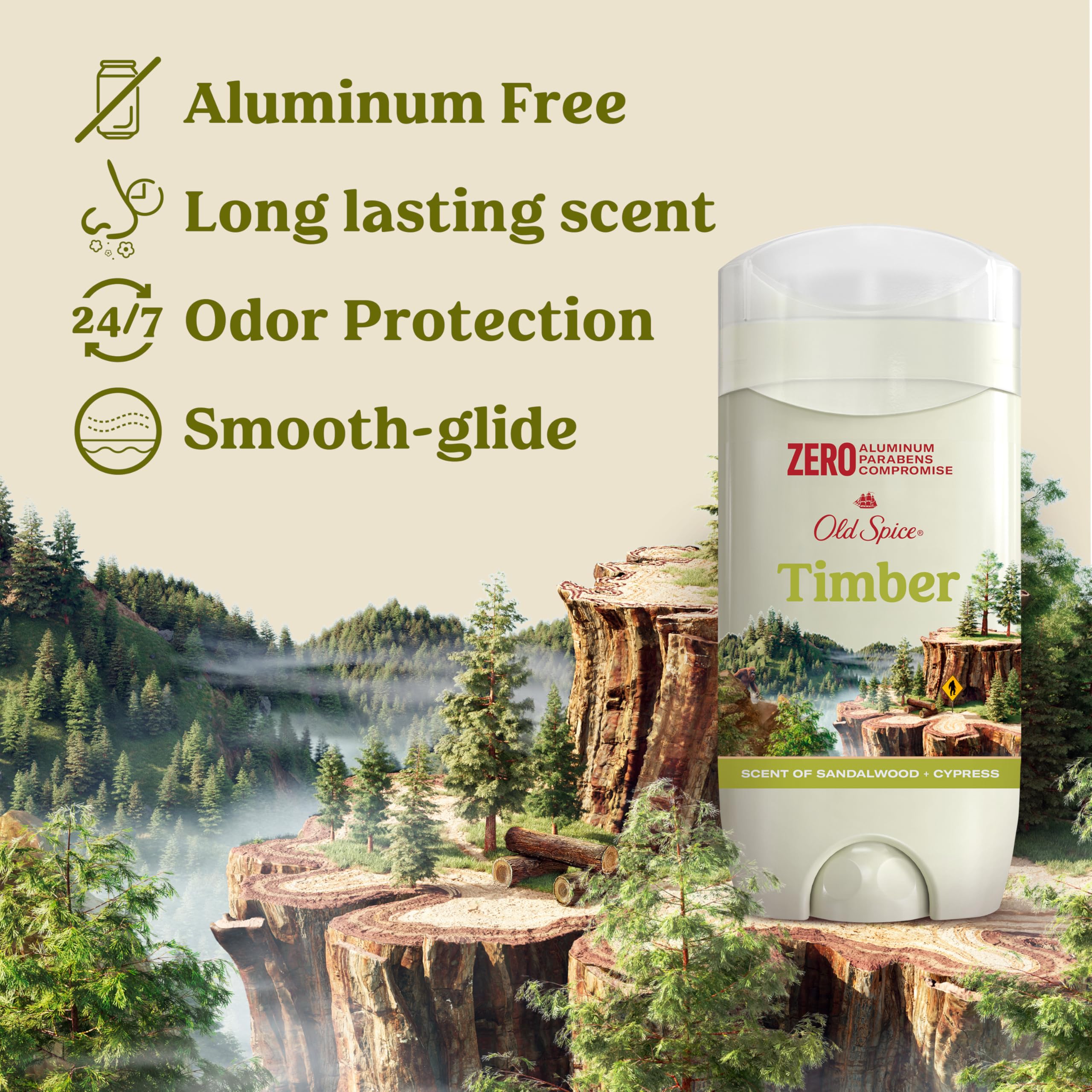 Close-up of Old Spice Timber deodorant applying sandalwood-tonka scent.