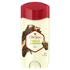 Old Spice Timber Sandalwood deodorant pack-front view highlighting three aluminum-free sticks for odor control.