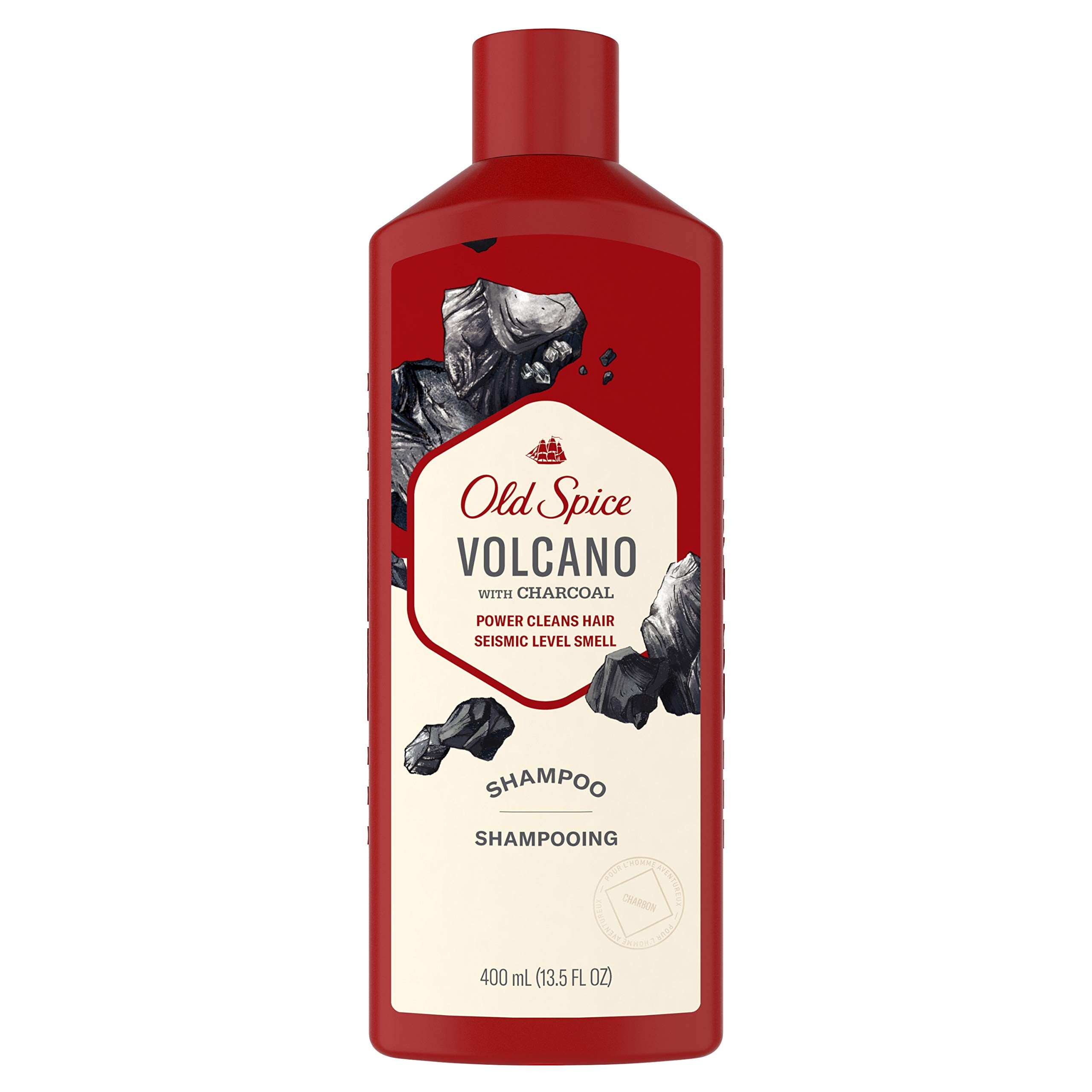 Old Spice Volcano Charcoal Shampoo bottle demonstrates powerful cleansing and bold aroma.