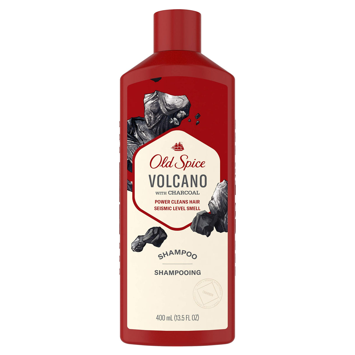Old Spice Volcano Charcoal Shampoo bottle demonstrates powerful cleansing and bold aroma.