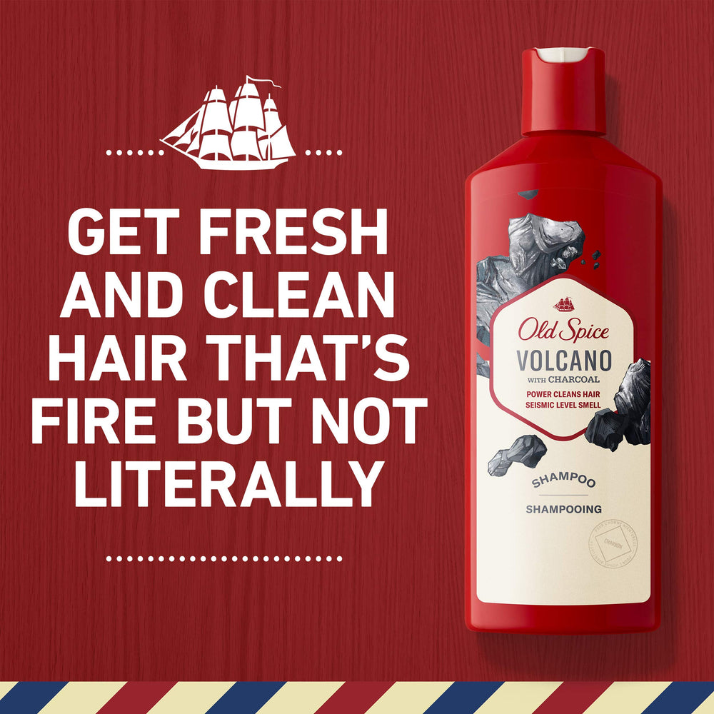 Old Spice Volcano Charcoal Shampoo mansome-mane shot hints at confident, everyday freshness.