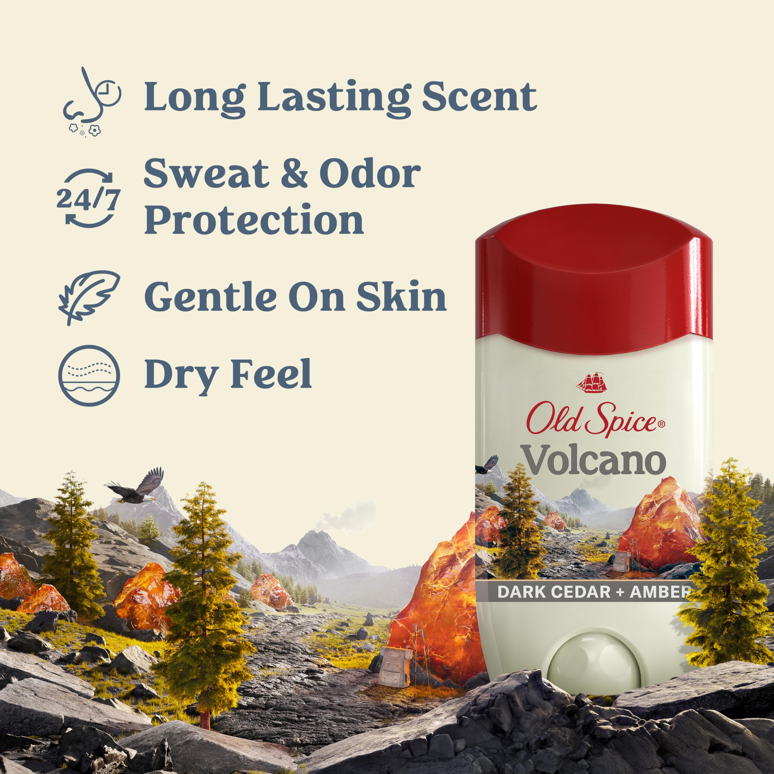 Old Spice Volcano deodorant packaging shows a 3-pack for extended daily use.