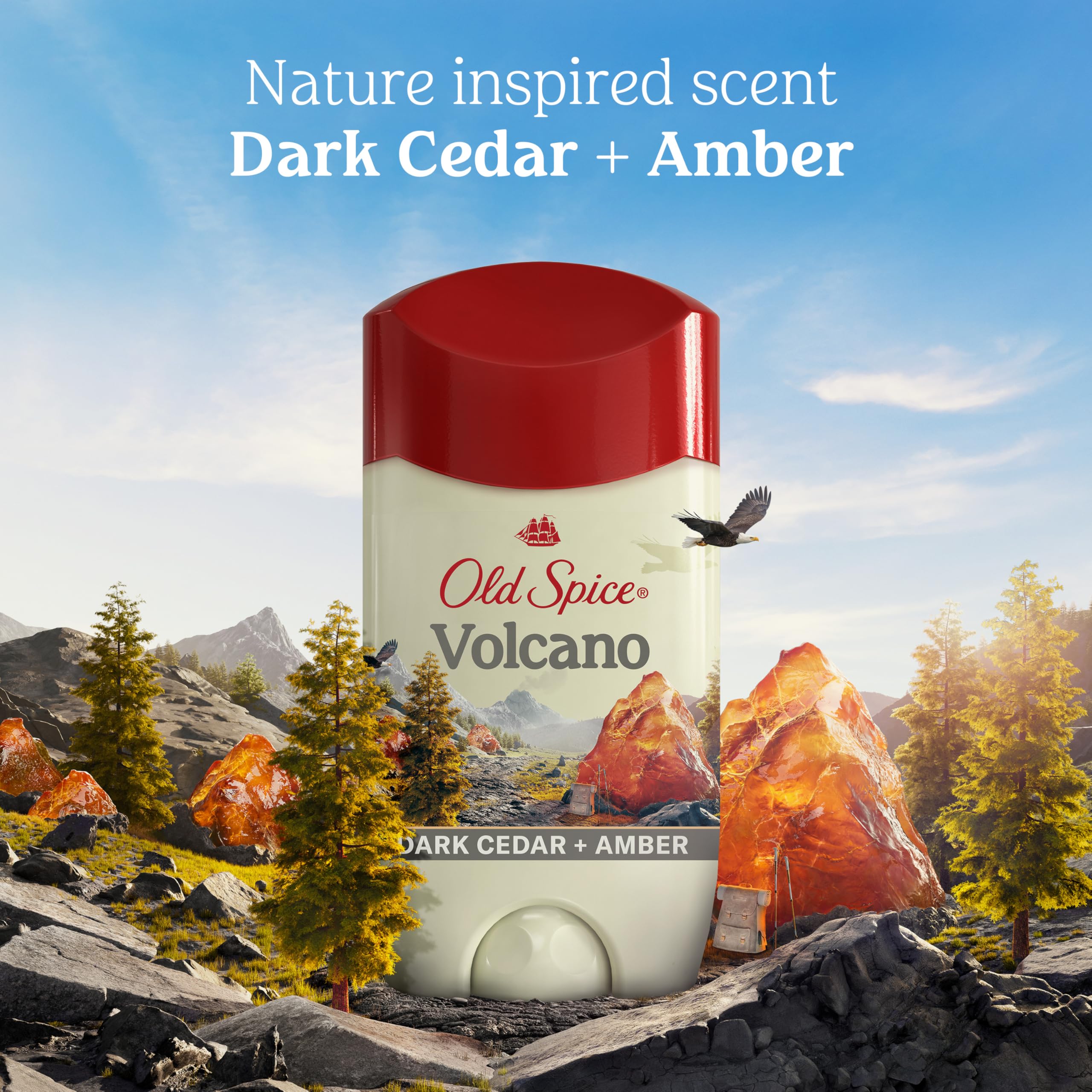 Old Spice Volcano scent notes—citrus, amber, patchouli—visualizing a vibrant fragrance profile.