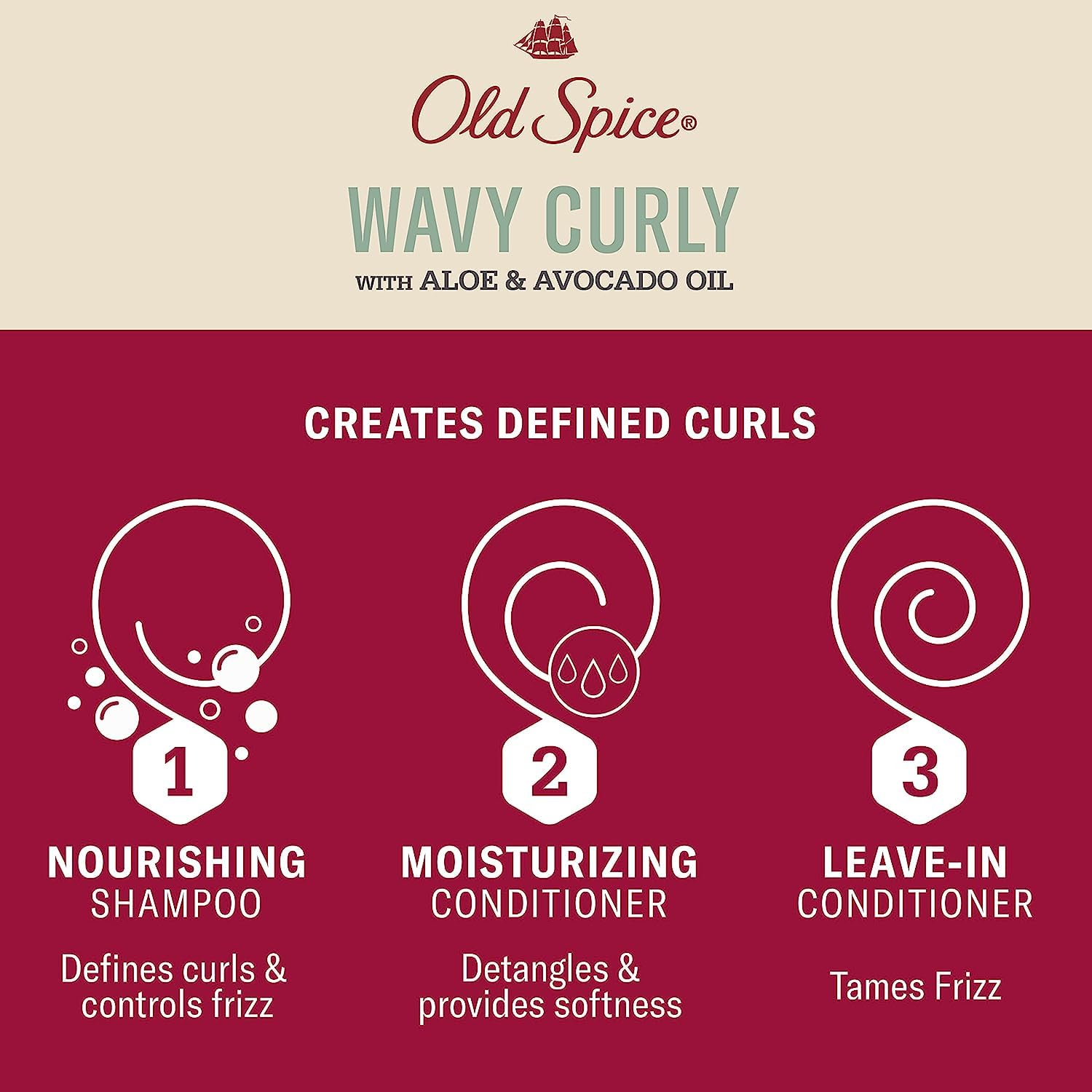Old Spice Wavy Curly Hair care regimen bundle with Aloe and Avocado Oil in frame