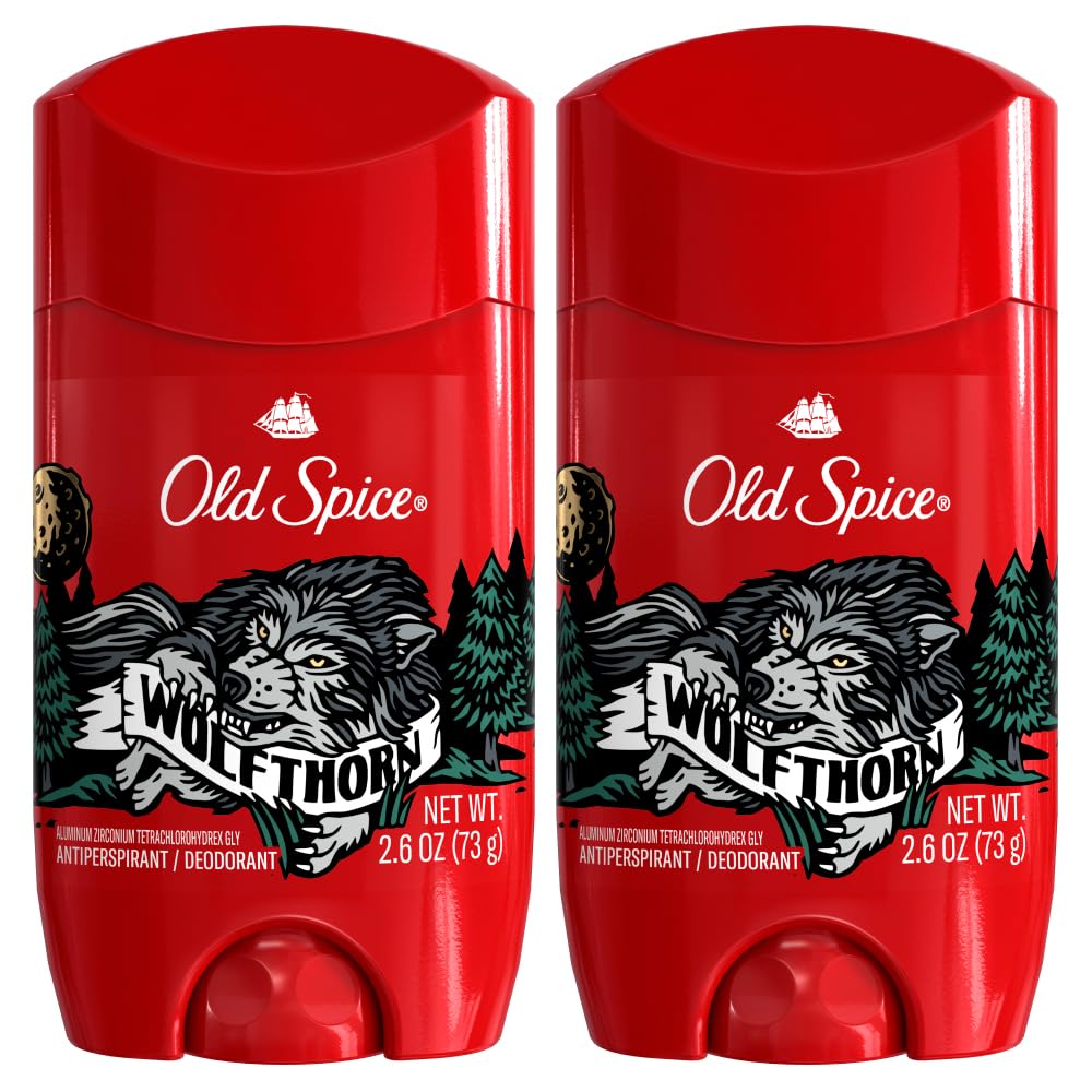 Old Spice Wild Collection Wolfthorn packaging shown in a two-pack for travel-ready freshness.
