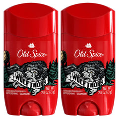 Old Spice Wild Collection Wolfthorn packaging shown in a two-pack for travel-ready freshness.