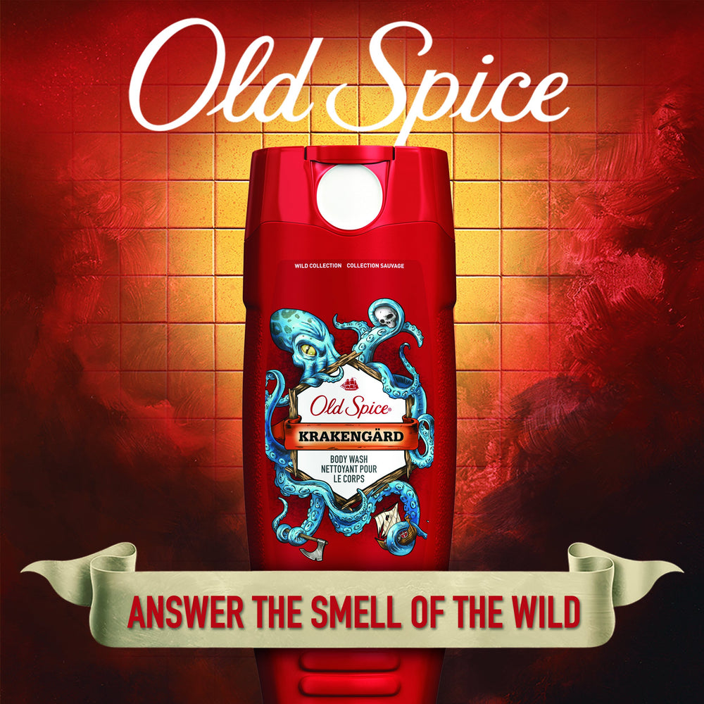Old Spice Wild label-front featuring Krakengard branding and oceanic aroma