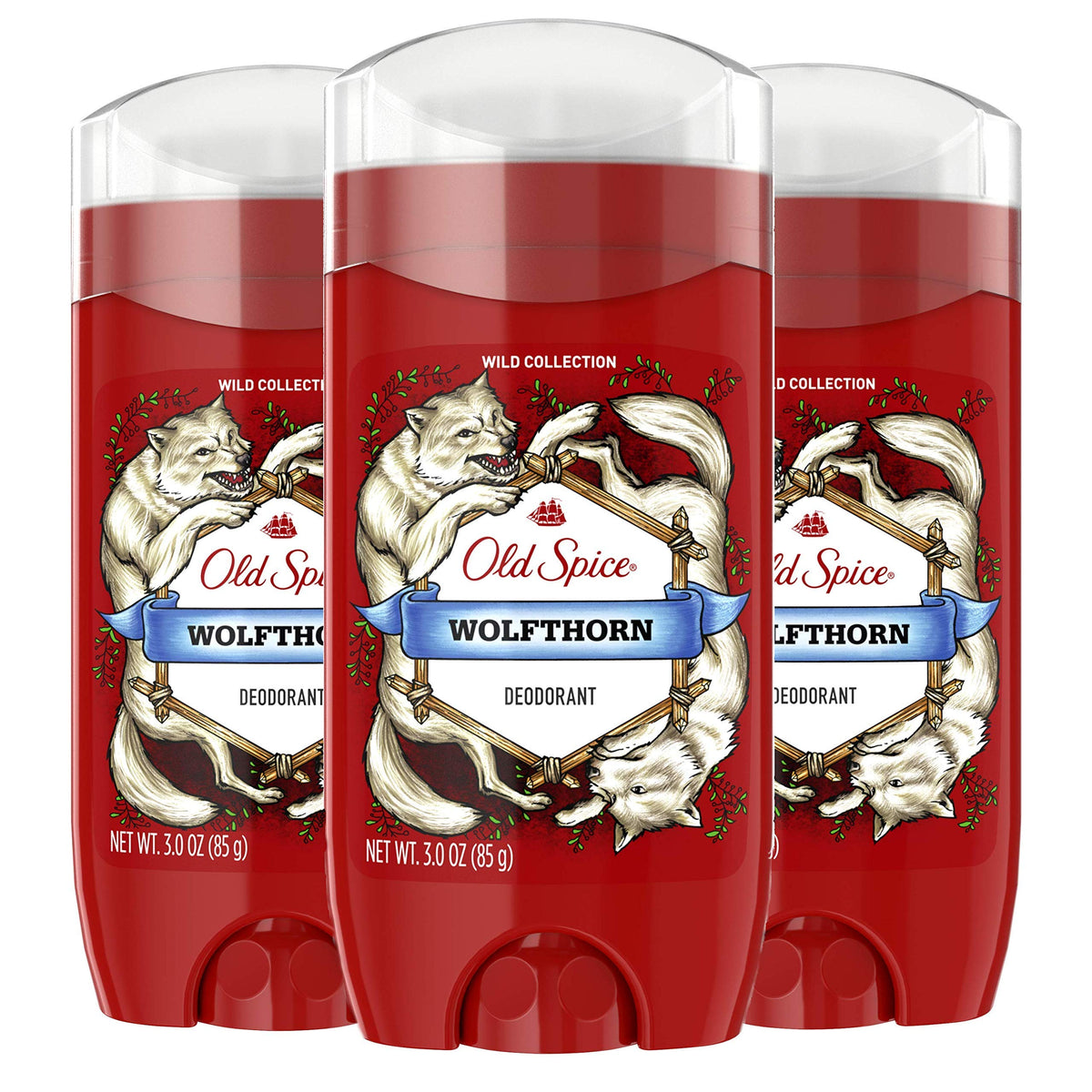 Old Spice Wolfthorn deodorant pack3 box-front for all-day freshness.