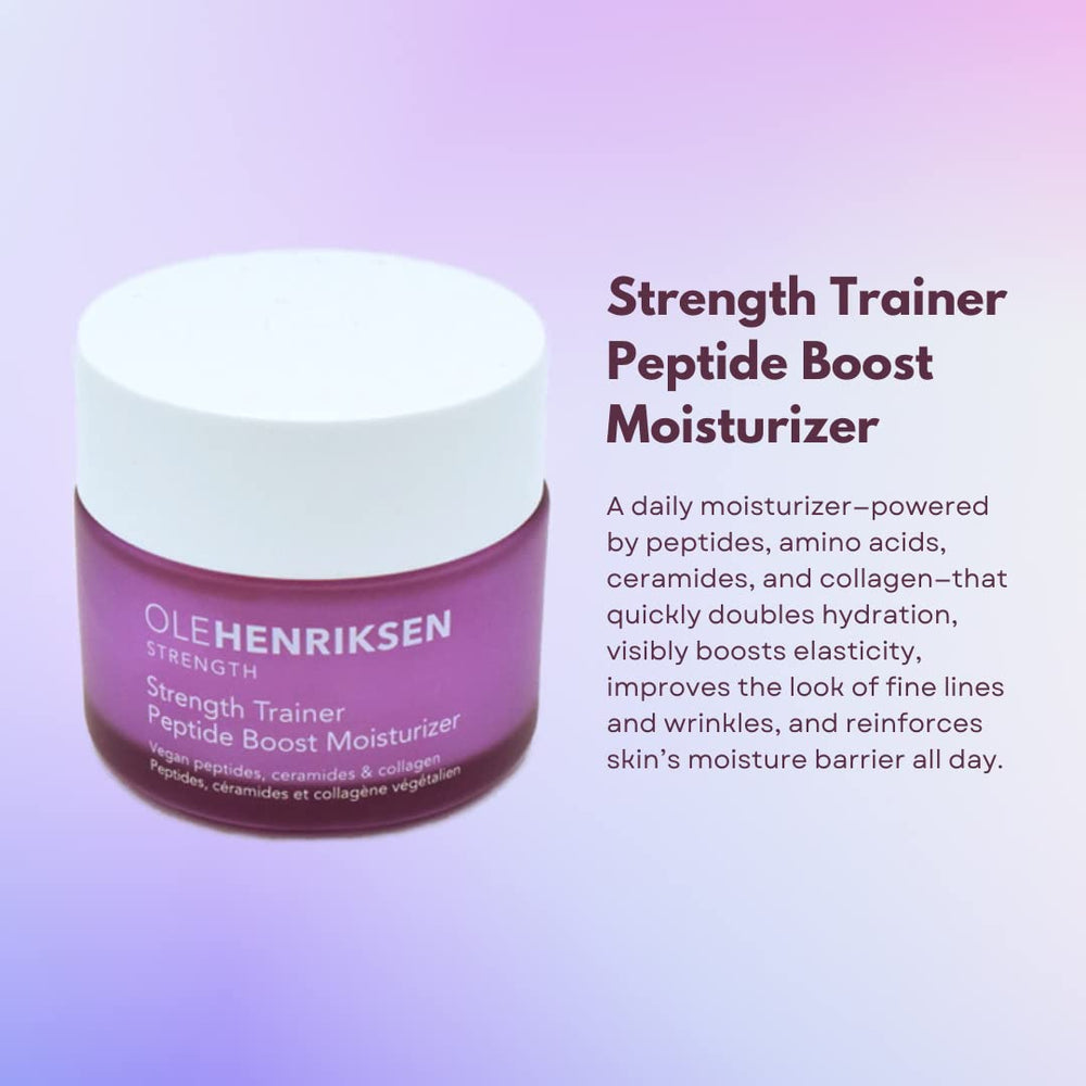 Ole Henriksen Peptide Boost Strength Trainer Duo jars closeup highlights creamy texture and barrier support.