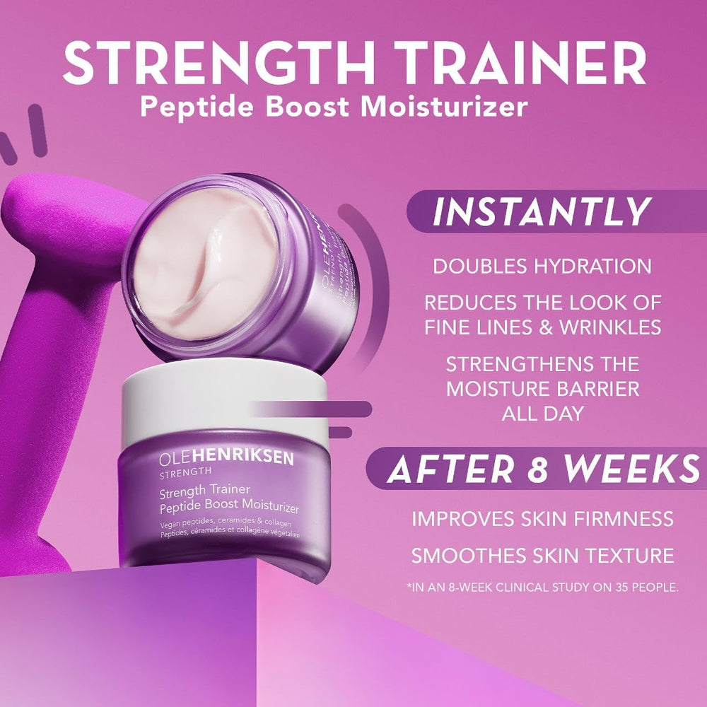 Ole Henriksen Strength Trainer Peptide Boost features ceramides and vegan collagen for barrier support.