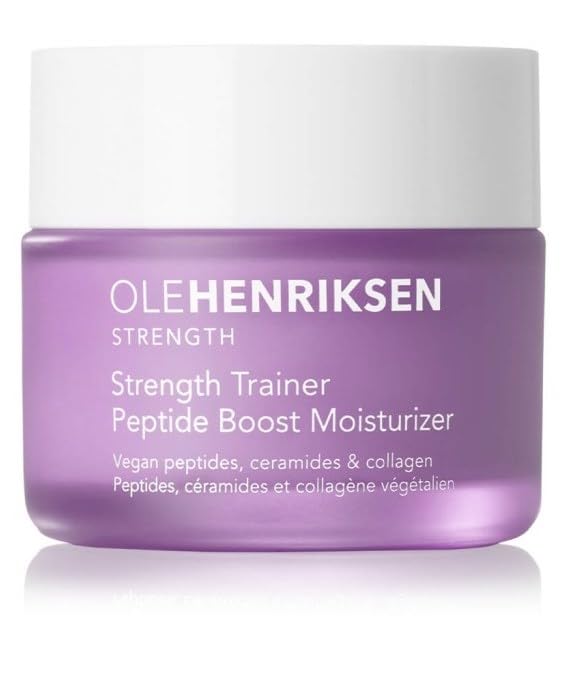 Ole Henriksen Strength Trainer Peptide Boost moisturizer jar close-up highlights vegan peptides and hydration.
