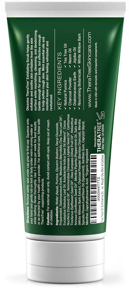 Oleavine TheraTree foot and body scrub in use supports odor control and comfort.