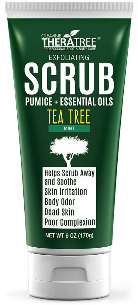 Oleavine TheraTree tea tree scrub bottle offers refreshing exfoliation for renewed skin.