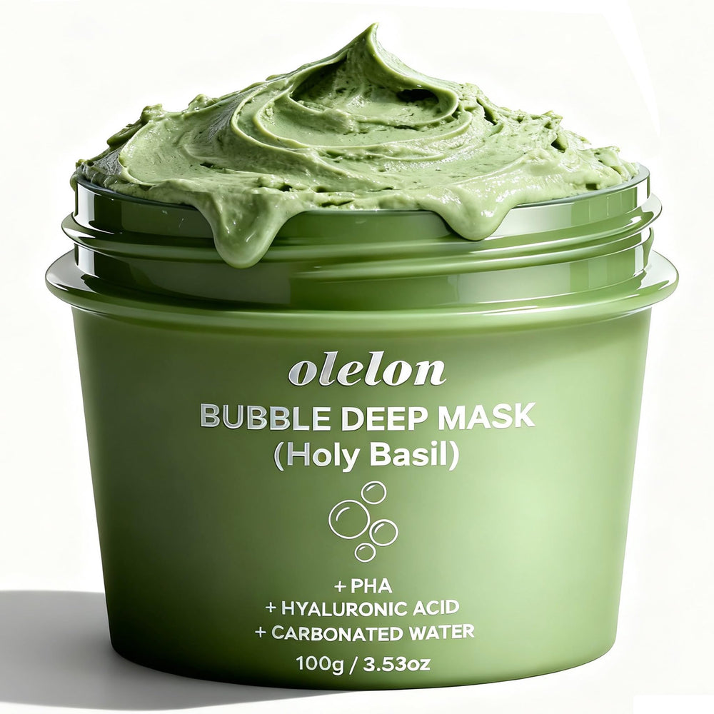 OLELON Holy Basil Bubble Mask application step demonstrates gentle cleansing and spa-like luxury at home