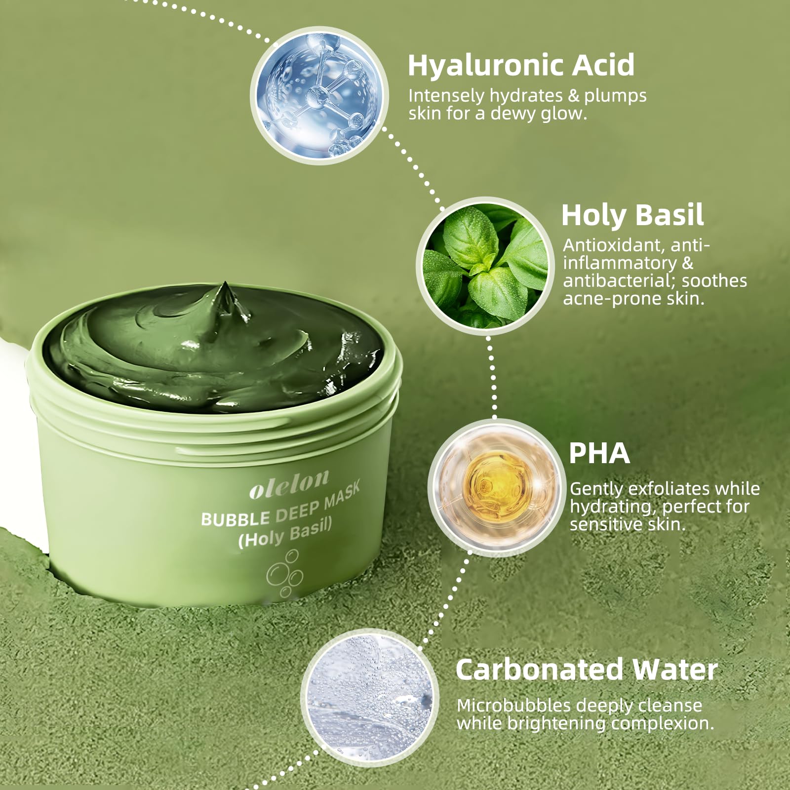 OLELON Holy Basil Bubble Mask creamy clay texture revealing soft foam transformation