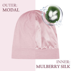 OLESILK silk bonnet worn at night demonstrating comfortable fit and gentle hair protection.