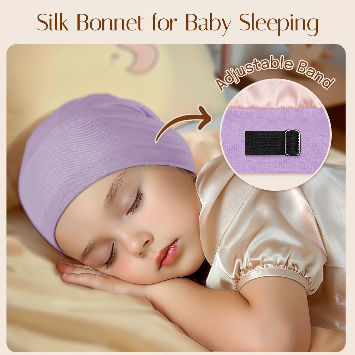 OLESILK Silk Baby Bonnet demonstrates 6-12 month size with inner snap for growth.