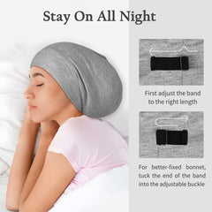 OLESILK silk bonnet adjustable strap shows secure, customizable fit for overnight wear.