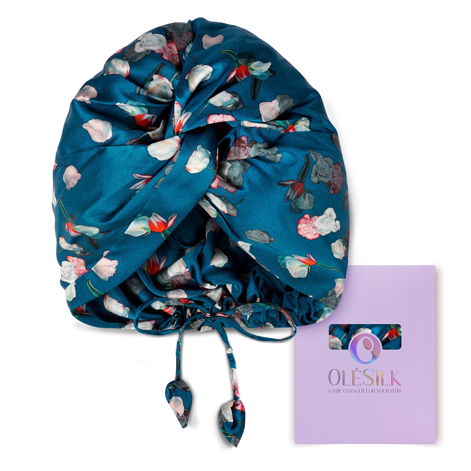 OLESILK silk bonnet royalblue closeup—premium 22 momme silk for smooth, frizz-free sleep.