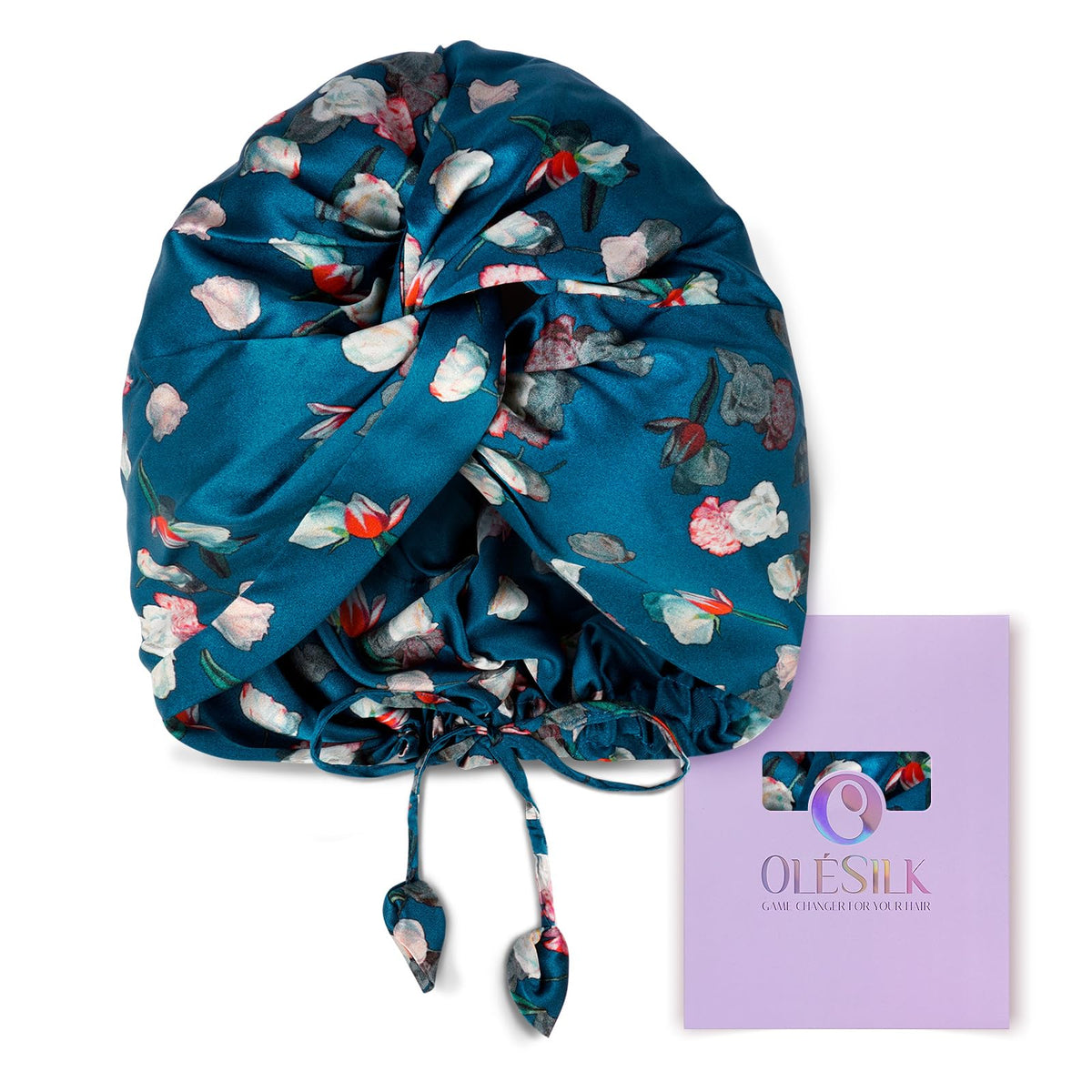 OLESILK silk bonnet royalblue closeup—premium 22 momme silk for smooth, frizz-free sleep.