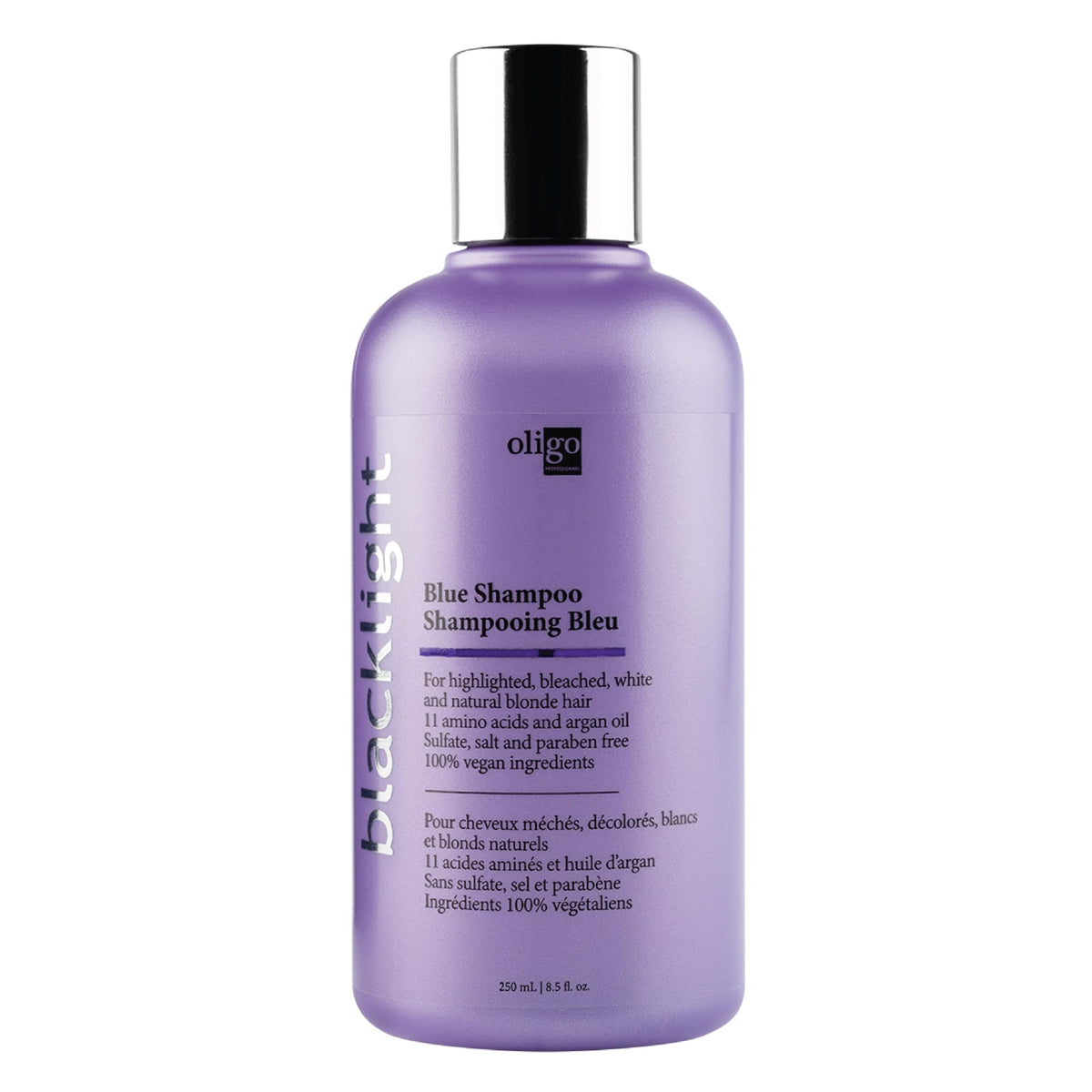OLIGO PROFESSIONNEL Blacklight Blue Shampoo bottle shows color safe, sulfate-free blond toning.