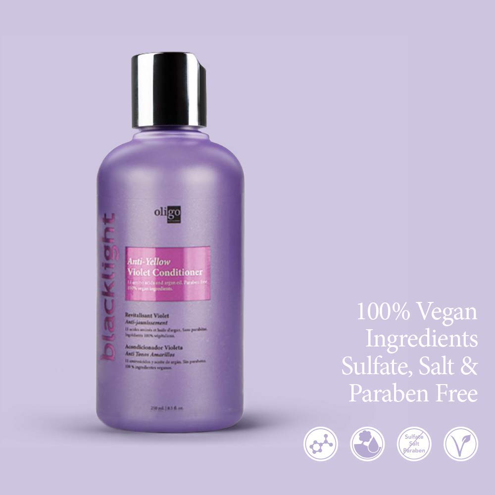 Oligo Professionnel Blacklight Anti-Yellow Shampoo and Conditioner pairing improves brass control.