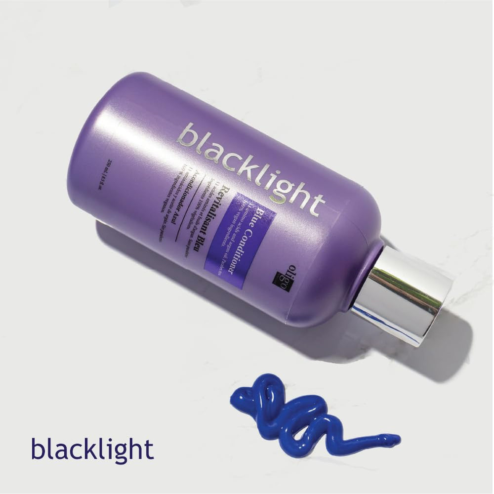 Oligo Professionnel Blacklight Blue brassy tones counteracted by blue.