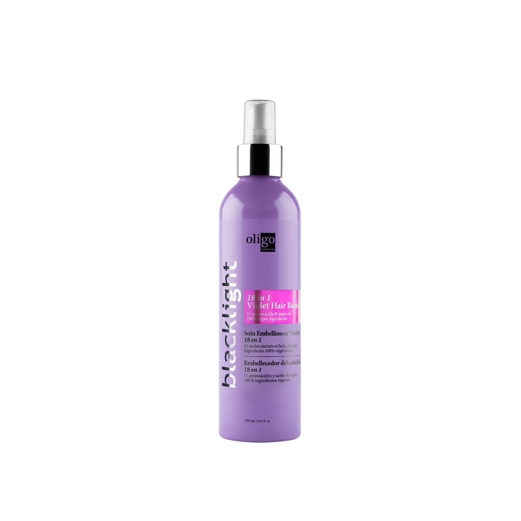 Oligo Professionnel Blacklight bottle pour demonstrates violet toning for cooler blonde tones.