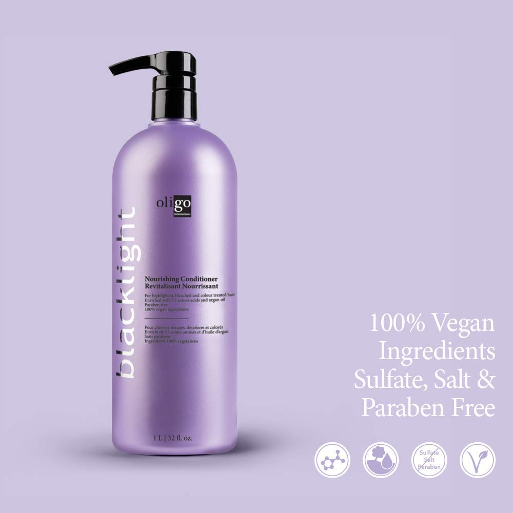 Oligo Professionnel Blacklight Nourishing Conditioner closeup shows argan oil presence for hydration.