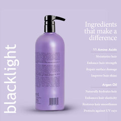 Oligo Professionnel Blacklight Nourishing Conditioner on color-treated hair illustration hints color retention benefits.