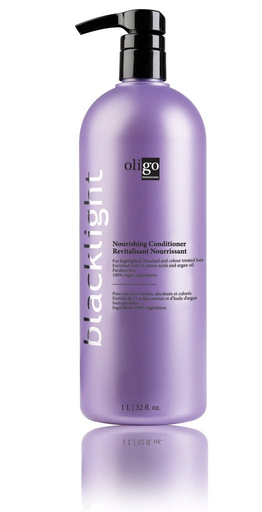 Oligo Professionnel Blacklight Nourishing Conditioner packaging shows sulfate-free formula for color-treated hair.