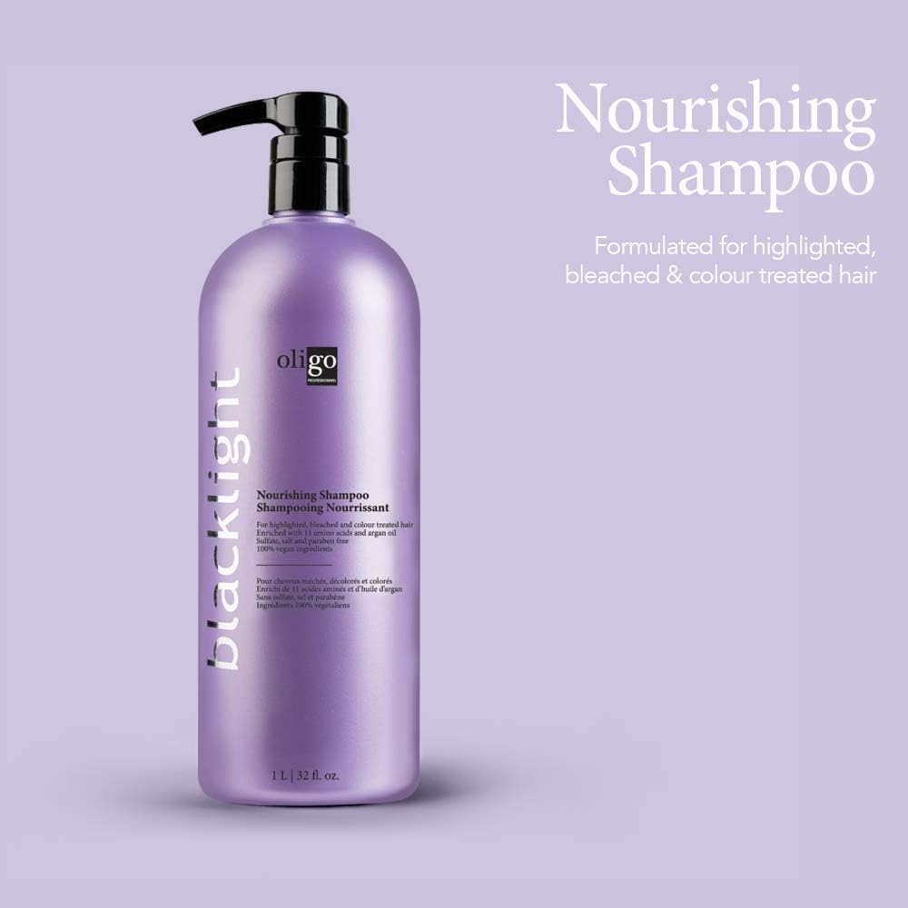 Oligo Professionnel Blacklight Nourishing Shampoo pump demonstrates easy, weightless conditioning on wet hair.