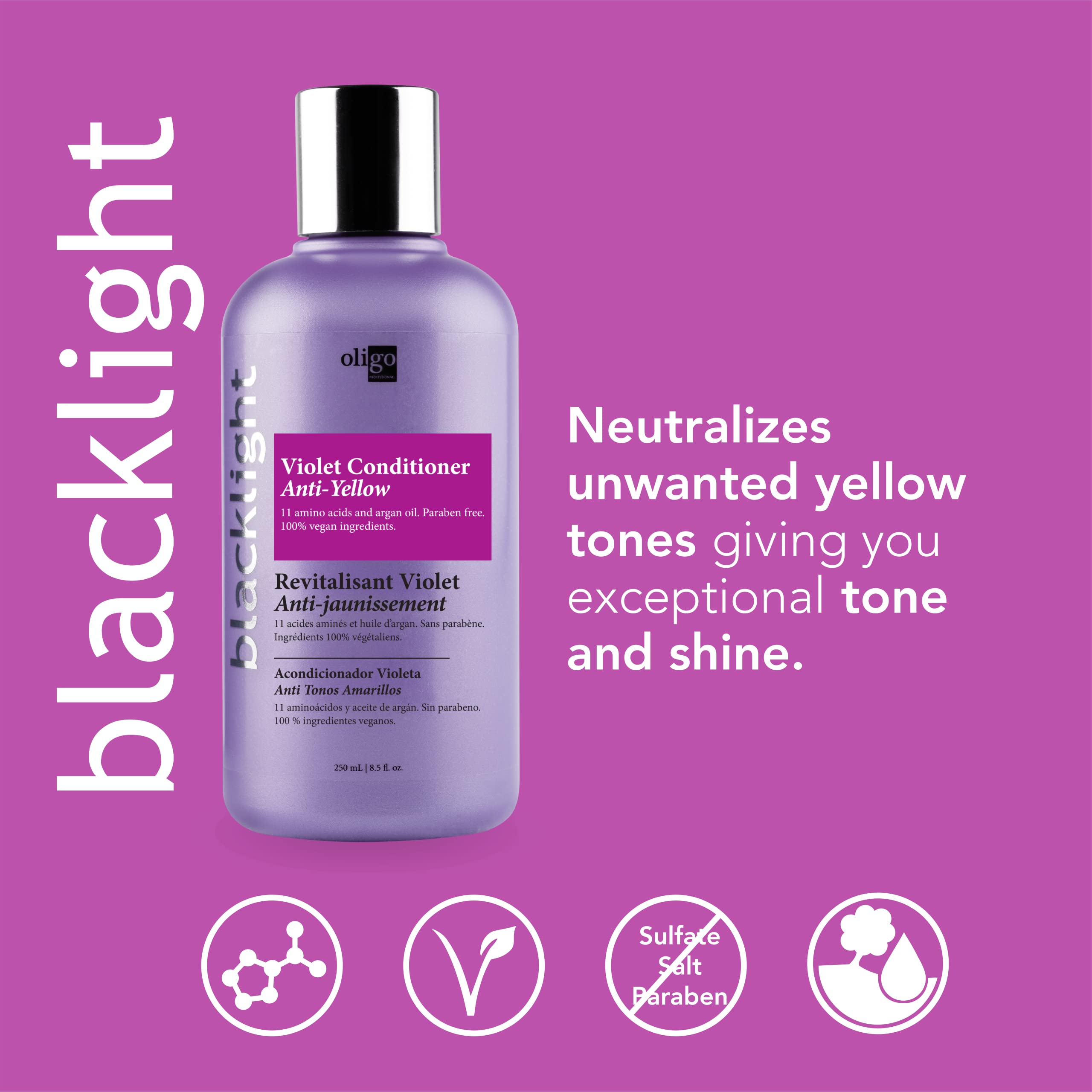 Oligo Professionnel Blacklight Violet Conditioner pump shows easy, even application for at-home toning.