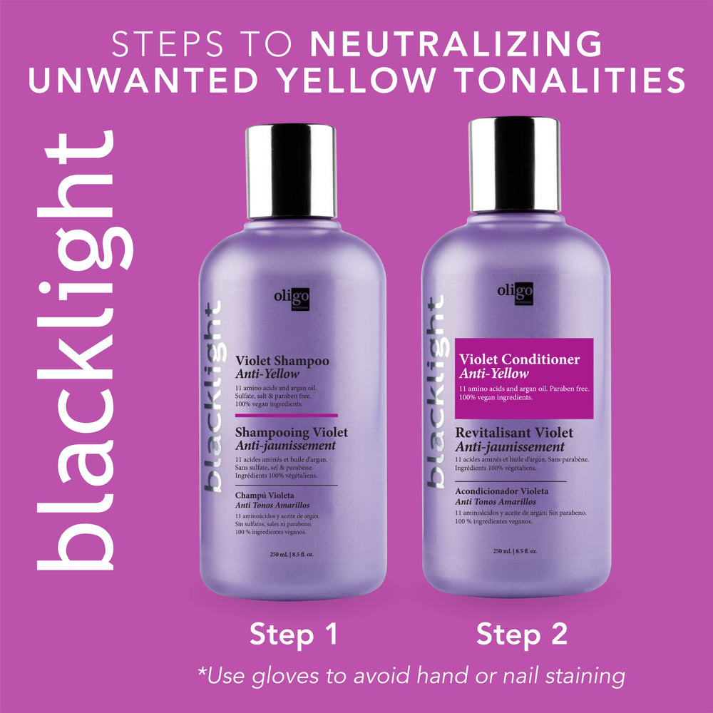 Oligo Professionnel Blacklight Violet Conditioner swirl reveals creamy texture for smooth, hydrated hair.