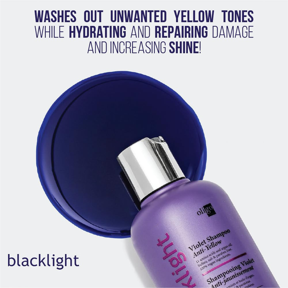 Oligo Professionnel Blacklight Violet Shampoo argan oil enrichment shown, emphasizing hair hydration.