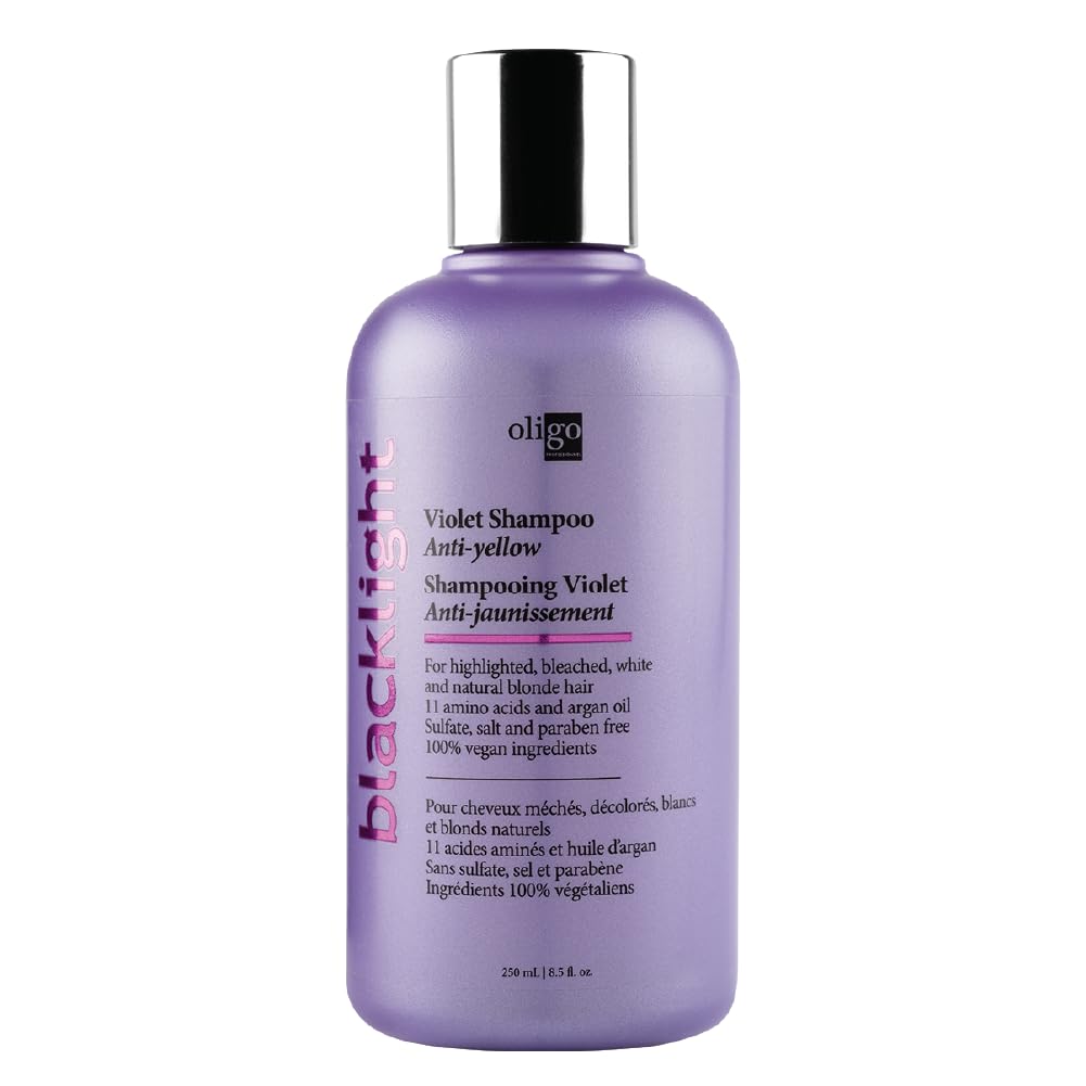 Oligo Professionnel Blacklight Violet Shampoo bottle front demonstrates a hydrating formula for blondes.