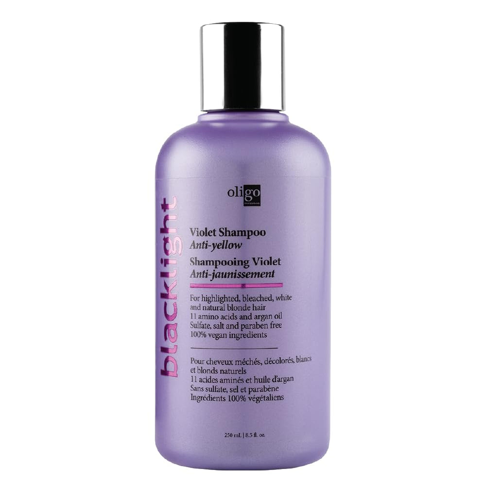 Oligo Professionnel Blacklight Violet Shampoo bottle front demonstrates a hydrating formula for blondes.