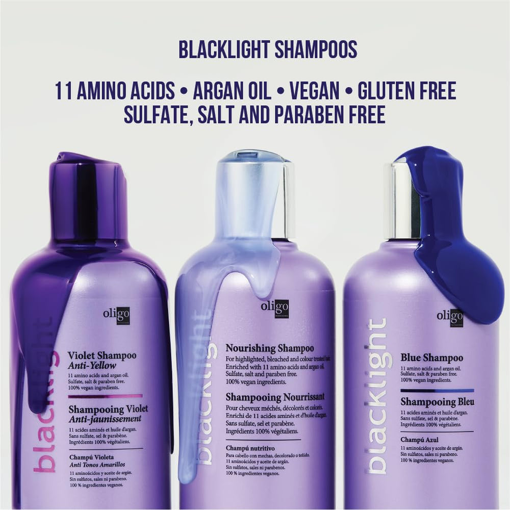 Oligo Professionnel Blacklight Violet Shampoo lather close-up reveals purple-toned color for neutralizing brass.